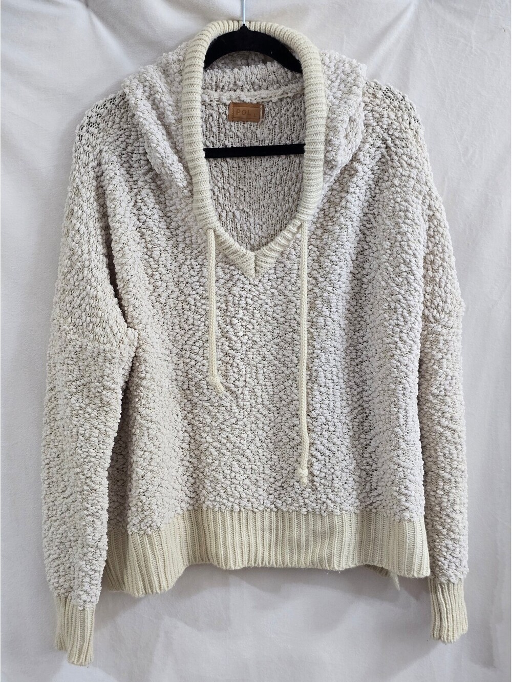 POL Cream Textured Knit Hoodie Sweater, Size Large